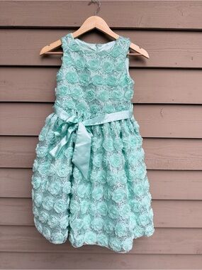 American Princess Mint Floral Rosette Dress with Satin Waist Tie 12